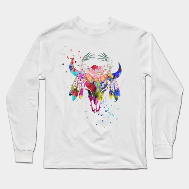 Native American Buffalo skull Long Sleeve T-Shirt by RosaliArt